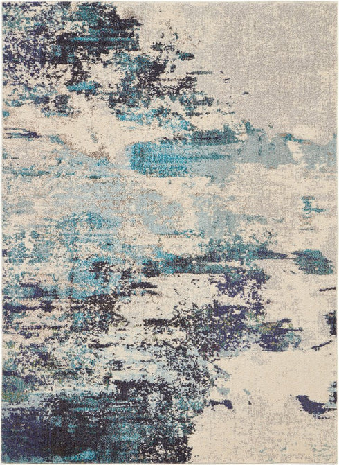 2' X 4' Ivory And Teal Blue Abstract Power Loom Non Skid Area Rug